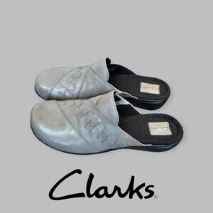 Clarks  Artisan Gray  Leather Slip On Mules Comfort Clog Shoes Womens 12M